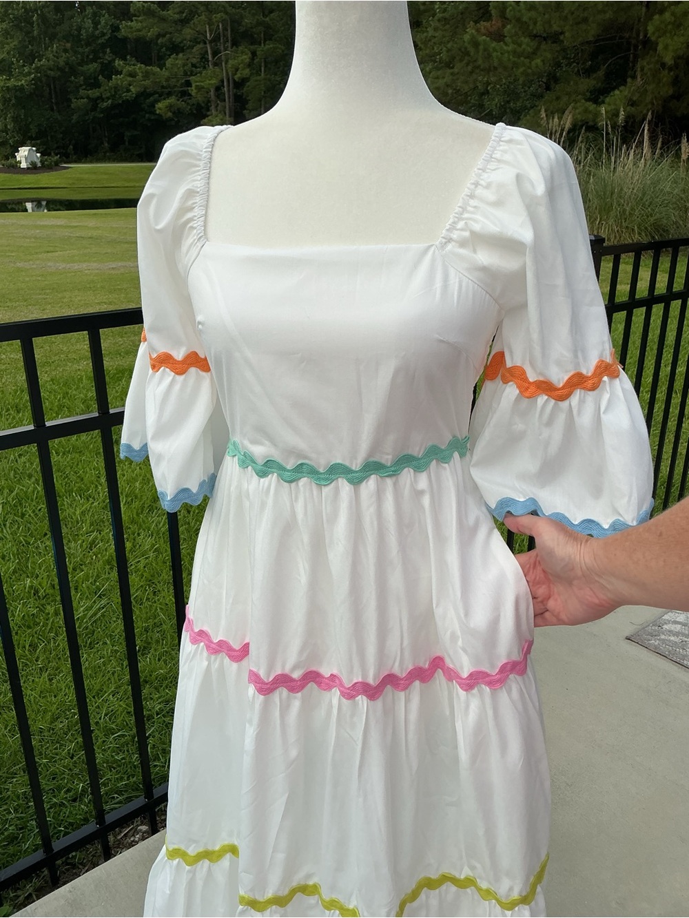 entro White Tiered Lined Maxi Dress with Multicolor Ric Rac Trim and Pockets - Picture 4 of 6
